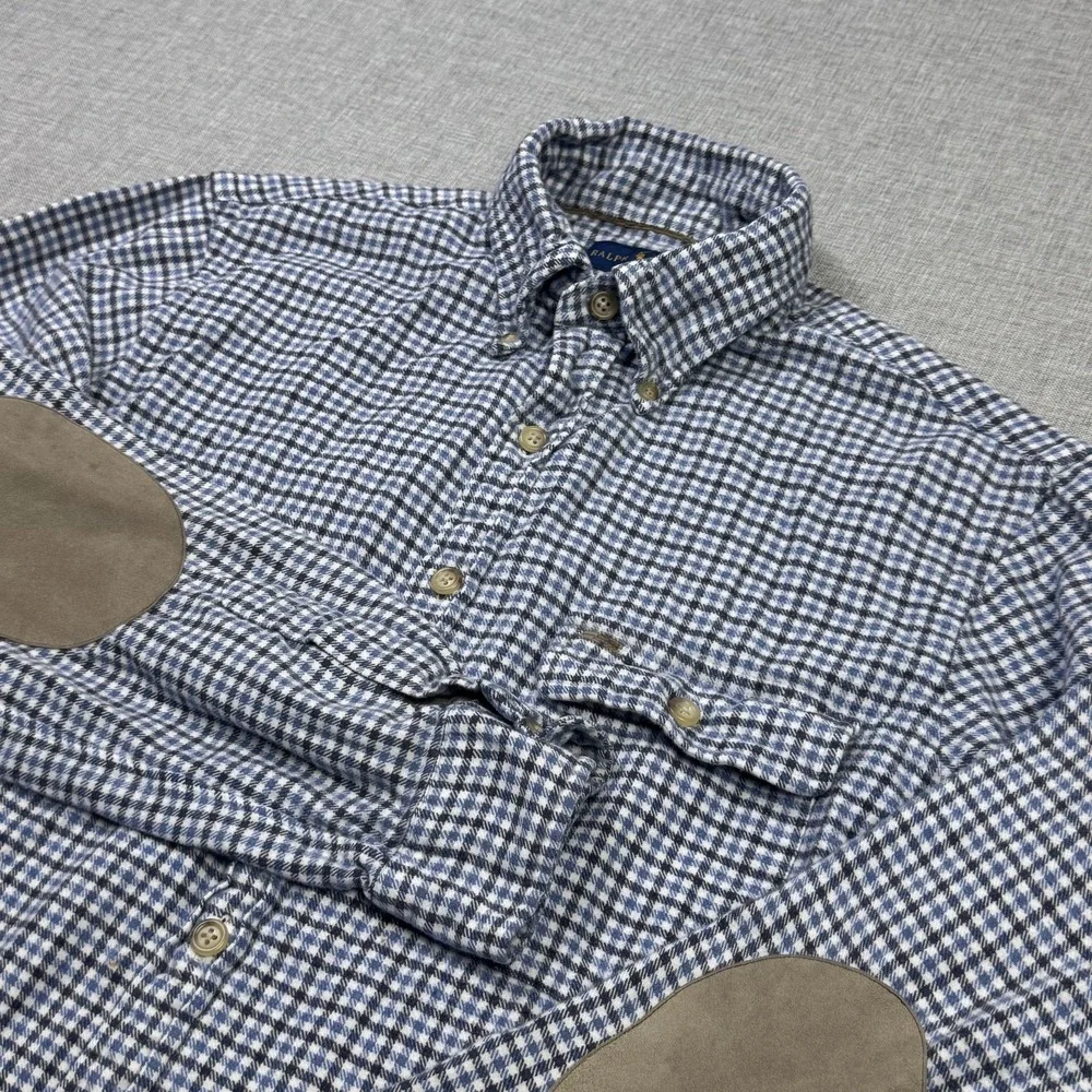Ralph Lauren Flannel Button Shirt Mens Medium Blue Check Long Sleeve Suede Elbow